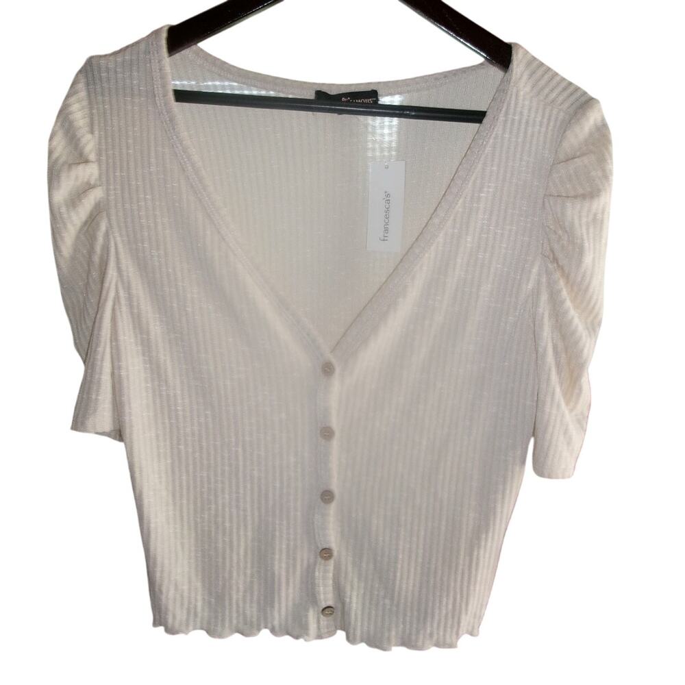 Almost Famous Women's XL Cream Ribbed Button Front Lettuce Hem Top NWT